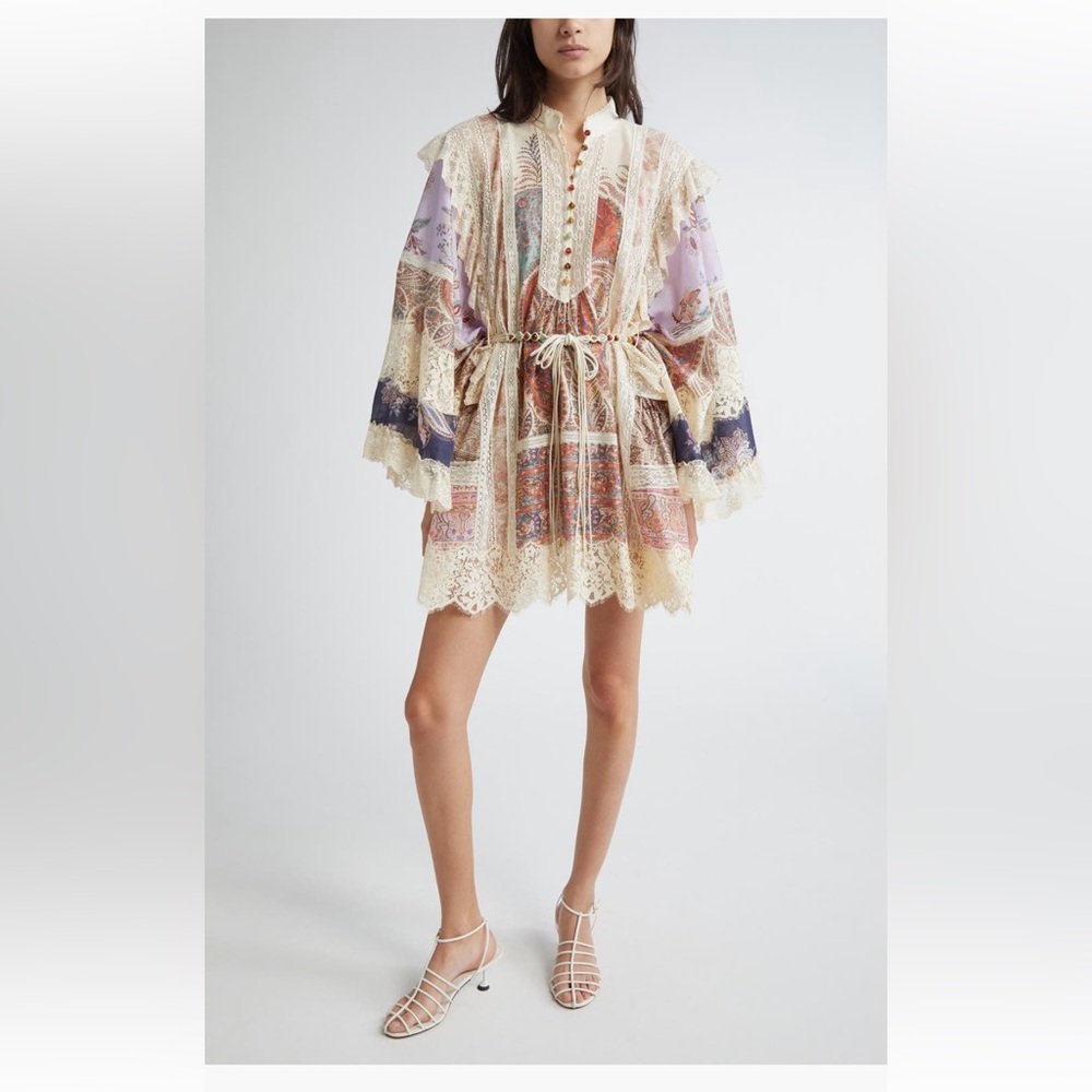 Final Zimmermann Billow Long Sleeves Lace Trim Minidress, Spliced Color Various